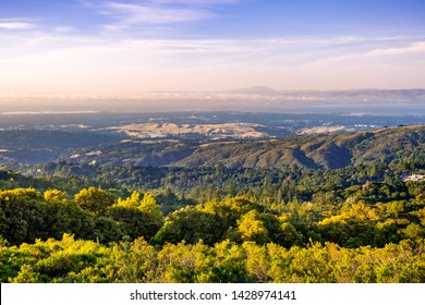 Sunset view from Skyline Highway towards Stanford University, Palo Alto and Menlo Park, Silicon Valley, San Francisco Bay Area, California