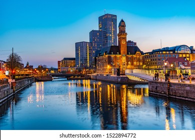 Sunset view of skyline of Malmo dominated by the world maritime university, Sweden