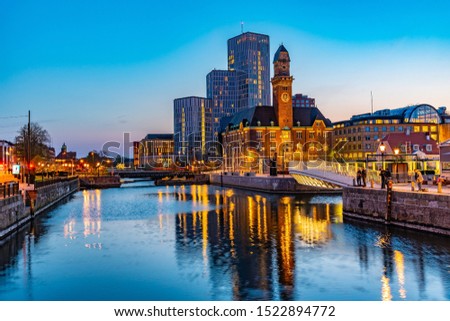 Sunset view of skyline of Malmo dominated by the world maritime university, Sweden