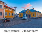 Sunset view of a small square in front of the Rauma Art musem in Rauma, Finland.