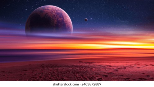 Sunset view from the surface of an alien world, Mysterious alien landscape, space background for pc, desktop planet wallpaper, fantasy 3d rendering