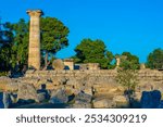 Sunset view of Temple of Zeus at Archaeological Site of Olympia in Greece.