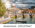 Sunset view of Tiber River in Rome, Italy, featuring St. Peter