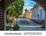 Sunset view of timber buildings at Vanha Rauma district of Rauma in Finland.