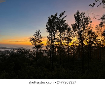 Sunset View from the Top of a Mountain Aerial view of mountain road in forest at sunset in autumn. Top view from drone of road in woods. Beautiful landscape with roadway in hills, pine trees - Powered by Shutterstock