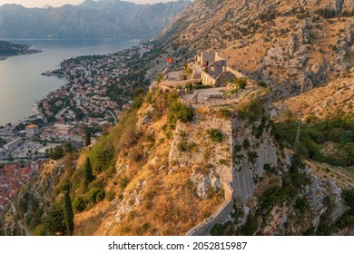 Sunset view at the top of St John (San Giovanni) Fortress and Castle, Old Town, Kotor, Bay of Kotor, Montenegro.