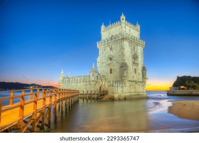 Sunset view of Torre de Belem in Lisbon, Portugal.