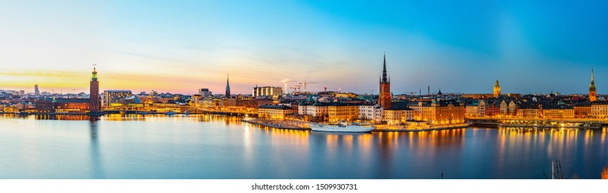 Sunset view of Town hall and Gamla stan in Stockholm viewed from Sodermalm island, Sweden