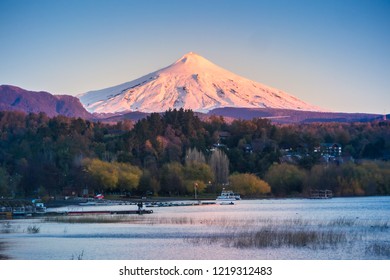 Sunset View To Villarrica Volcano And The Lake.