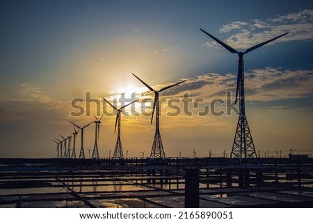 Sunset view of the Wind power plant of Kutubdia, Bangladesh's first windmill.