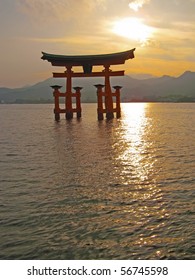 A sunset view of the world heritage "Floating Gate" near Hiroshima, Japan