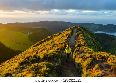 Sunset at Viewpoint Boca do Inferno, Hiking Panorama, Vulcanic Lake in the Background, Sao Miguel Island, Azores, Portugal