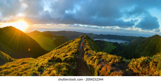 Sunset At Viewpoint Boca Do Inferno Hike Panorama, Vulcanic Lake In The Background, Sao Miguel Island, Azores, Portugal