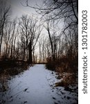 Sunset walking down a snowy path.