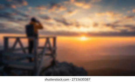 Sunset Watcher Man on Platform Enjoys Mountain View.