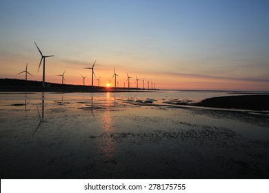 Sunset Of Wind Farm At Gaomei Wetland Refuge, Taiwan