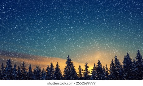 Sunset winter landscape with orange-yellow hues, falling snow, and silhouette pine trees, capturing a tranquil forest evening in a snowy wonderland - Powered by Shutterstock