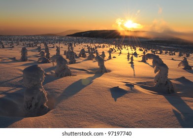 Sunset In The Winter Mountains, The Krkonose Mountain, Czech Republic