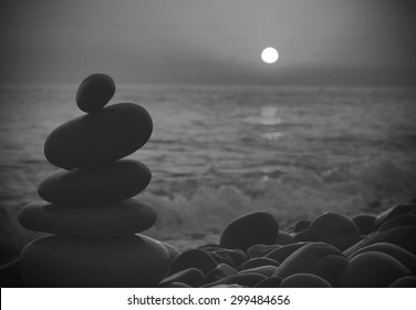 Sunset Zen Sea Stones Black And White Photo