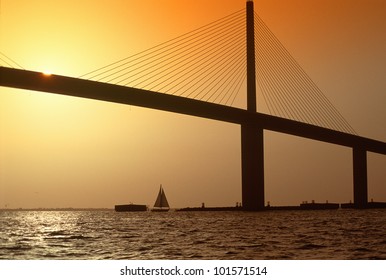 Sunshine Bridge At Tampa Bay And St. Petersburg, Florida At Sunset