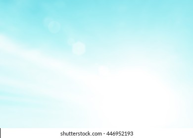 Sunshine Clouds Sky During Morning Background. Blue,white Pastel Heaven,soft Focus Lens Flare Sunlight. Abstract Blurred Cyan Gradient Of Peaceful Nature. Open View Out Windows Beautiful Summer Spring