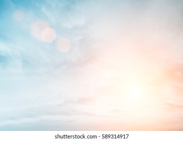Sunshine clouds sky during morning background  Blue white pastel heaven soft focus lens flare sunlight  Abstract blurred cyan gradient peaceful nature  Open view out windows beautiful summer spring