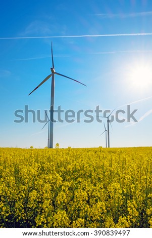 Sunshine, rapeseed and windwheels seen in rural Germany