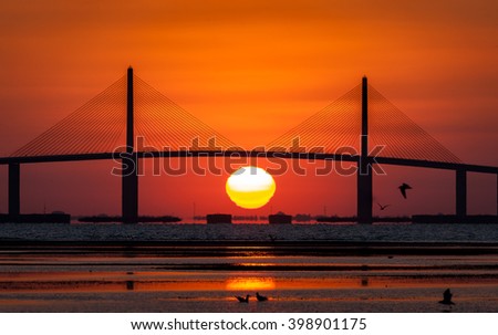 Sunshine Skyway Bridge with sunrise, Tampa Bay