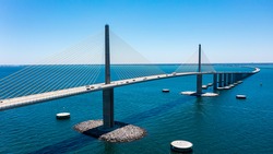 Sunshine Skyway Bridge In Tampa Bay Florida. Large Suspension Bridge That Ships Pass Under