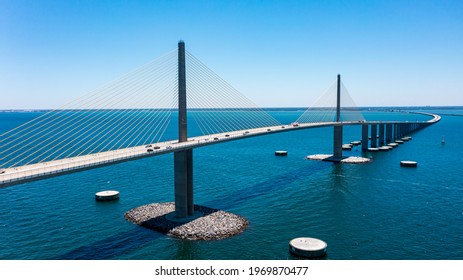 Sunshine Skyway Bridge in Tampa Bay Florida. Large Suspension Bridge that ships pass under