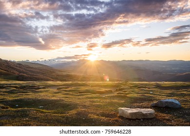 Sunsrise of the Pyrenees mountain range from a viewpoint at Irati green forest National Park in Navarra with the highest peak of Table des Trois Rois in the centre, Spain