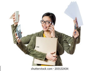 super asian working woman happy to work hard worker in white background - Shutterstock ID 203132434
