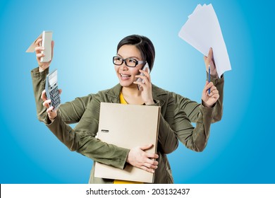 Super Asian Working Woman Happy To Work Hard Worker In Blue Background