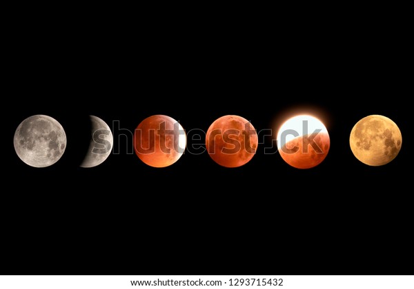 Super blood wolf moon detailed eclipse phases\
isolated on a black background taken on January, 21st, 2019 from\
Paris, France. Includes all lunar stages, totality and moonset\
yellow hue.