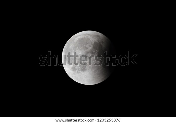 Super Bloody Moon, full eclipse last phase against\
black sky background, small part of Moon surface covered by Earth\'s\
shadow