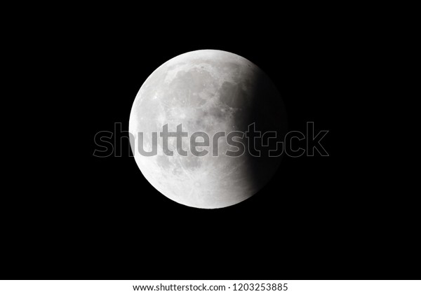 Super Bloody Moon, full eclipse last phase against\
black sky background, quarter of the Moon surface covered by\
Earth\'s shadow