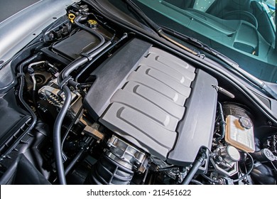 Super Car Engine. Under The Hood. Powerful 8 Cylinders V8 Gas Engine.