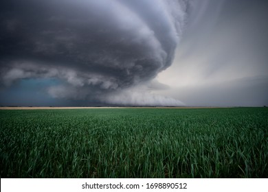 Super Cell Wall Cloud Moving Over The Nebraska Landscape During Severe Storm Tornado Warning.