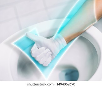 Super clean toilet bowl, human hand with ok symbol above toilet bowl - Powered by Shutterstock