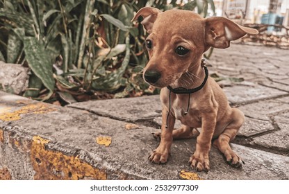 Super cute adorable baby dog sits on the roadside in Playa del Carmen Quintana Roo Mexico. - Powered by Shutterstock