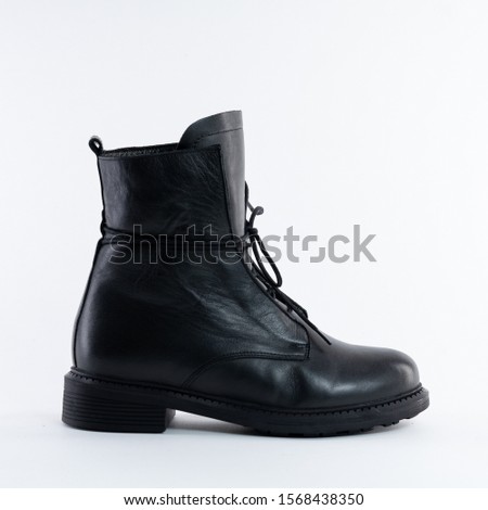 Super demi seasonal black leather womens shoes with laces. On white background. Choose other angles of this boot and new models in my profile