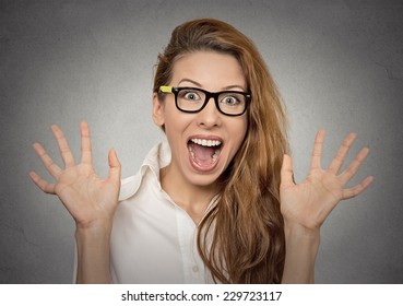 Super Excited Funky Young Girl Looking Thrilled Very Happy Isolated On Grey Wall Background