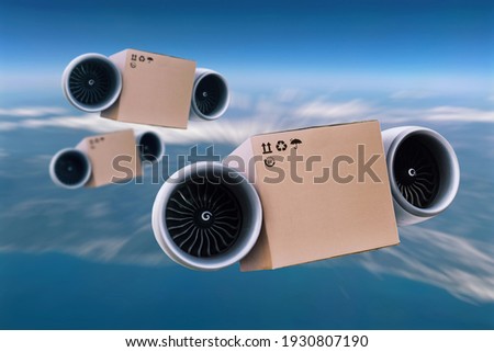 Super fast delivery of goods is flying in the sky. Turbine carton, future concept. Package carton box with turbine, future concept. Cargo