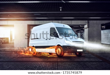 Super fast delivery of package service with van with wheels on fire.