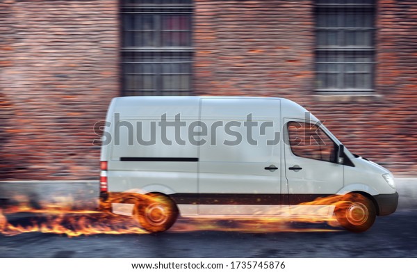 Super fast delivery of package service with van\
with wheels on fire.