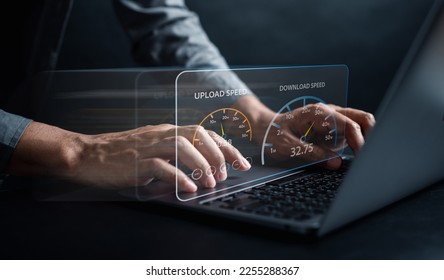Super Fast internet connection speedtest bandwidth network technology, Man using Internet high speed by smartphone and laptop computer, 5G quality, speed optimization.