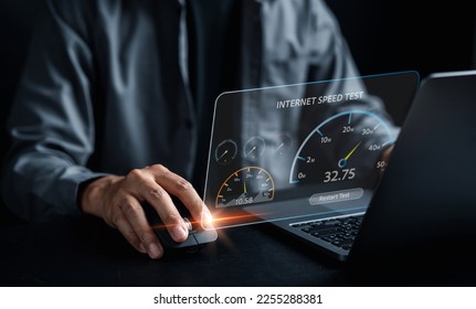 Super Fast internet connection speedtest bandwidth network technology, Man using Internet high speed by smartphone and laptop computer, 5G quality, speed optimization.