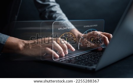 Super Fast internet connection speedtest bandwidth network technology, Man using Internet high speed by smartphone and laptop computer, 5G quality, speed optimization.