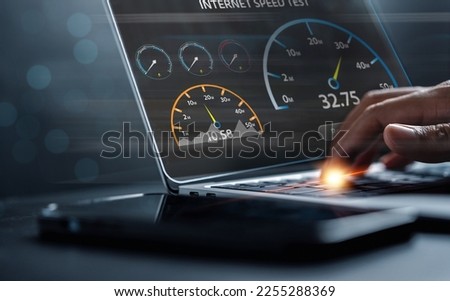Super Fast internet connection speedtest bandwidth network technology, Man using Internet high speed by smartphone and laptop computer, 5G quality, speed optimization.