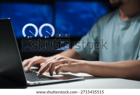 Super Fast internet connection speedtest bandwidth network technology, Man using Internet high speed by smartphone and laptop computer, 5G quality, speed optimization. performance, speed, test.